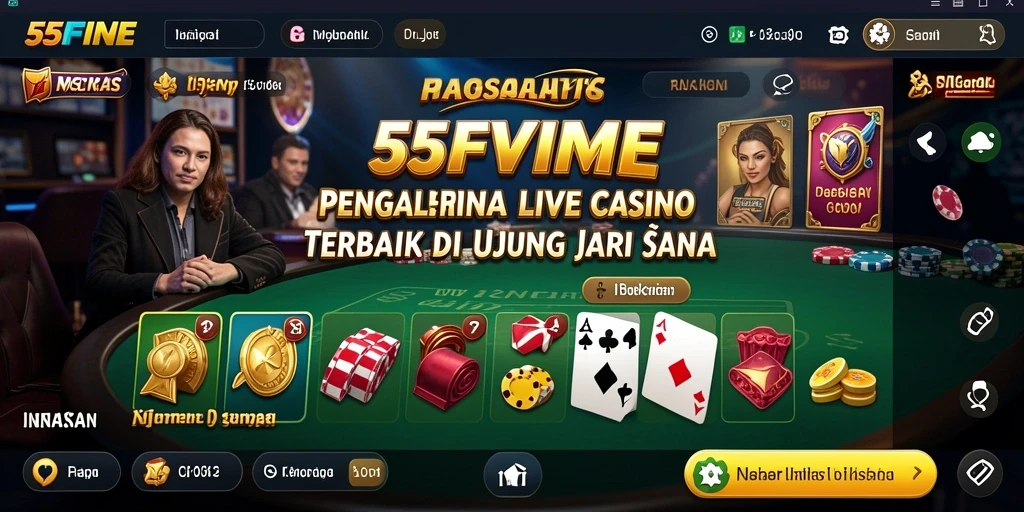 Screenshot gameplay <strong>55FIVE</strong> yang menampilkan dealer langsung dan suasana kasino.