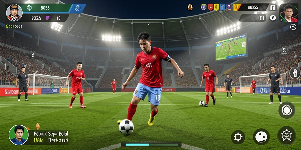Tampilan utama gameplay 8055 dengan aksi menegangkan sepak bola.