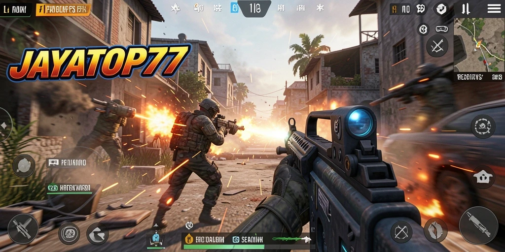 Tampilan gameplay JAYATOP77 yang mendebarkan dalam aksi tempur FPS.